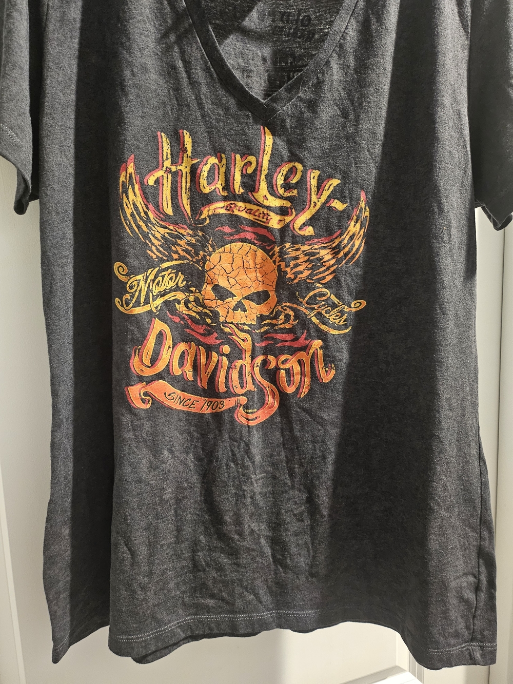 Harley-Davidson Men’s Black V-Neck T-Shirt with Orange Skull Graphic